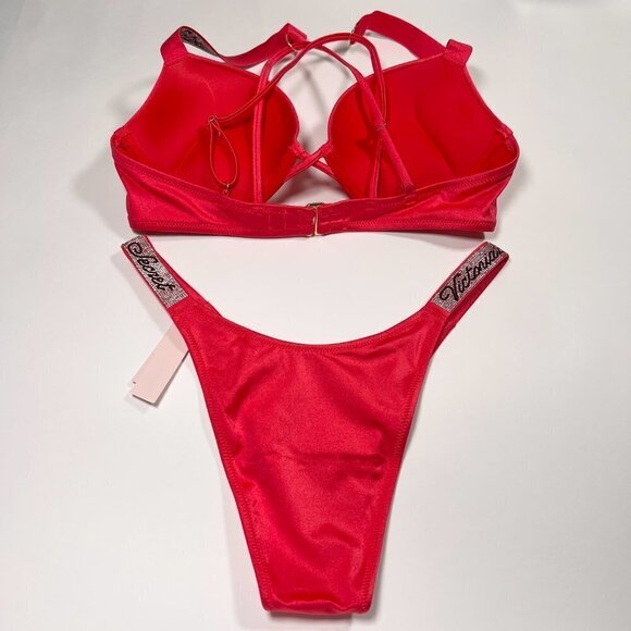 Victoria Secret 36C L Bombshell Push Up Top Bikini Set Logo Shine Strap Pink - Picture 6 of 13